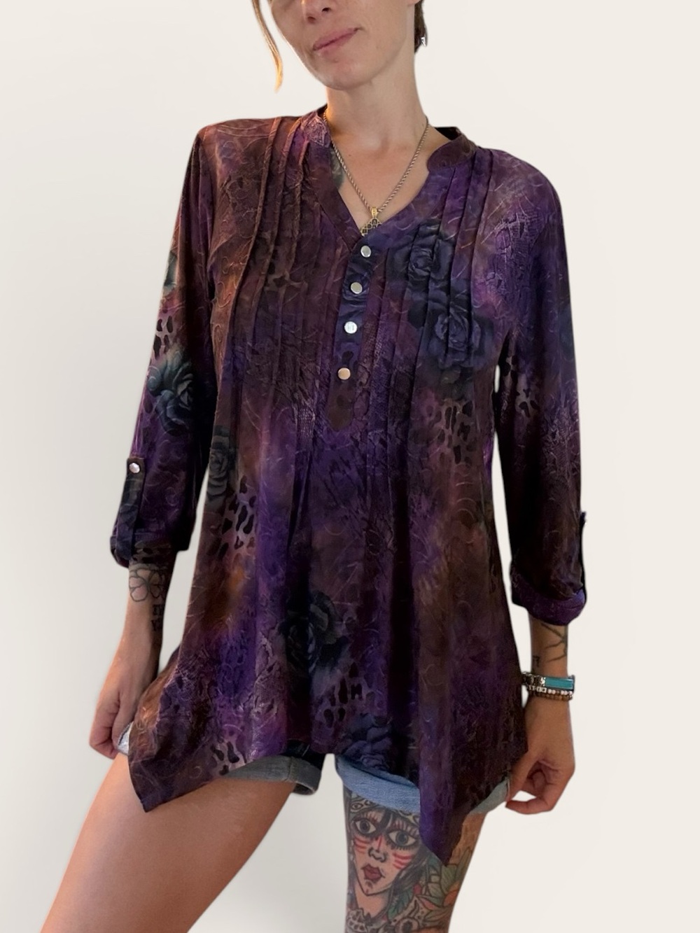 VTG Y2K Purple Pintuck Women's Tunic Top w Handkerchief Hem Romantic